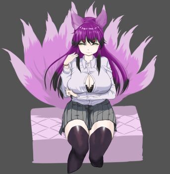 1girl breasts daji_(mon-musu_quest!) daji_(shrift) foolcast1204 highres kitsune kyuubi large_breasts mon-musu_quest! mon-musu_quest:_paradox multiple_tails nail_polish purple_fur purple_hair shrift tail thighhighs thighs yellow_eyes