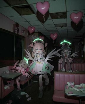 3girls ^_^ angels_of_delusion balloon black_hair blonde_hair bow chair chinatsu_remiel closed_eyes dress frills glowing halo hashtag-only_commentary headphones highres multiple_girls one_eye_closed photo_background pink_hair rokudu_sariel short_hair short_twintails sitting skirt socks table twintails whatsanaenae wings yutane_johiel zenless_zone_zero