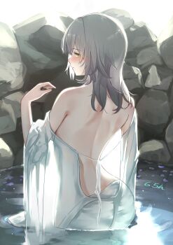 Rule 34 | 1girl, absurdres, alternate costume, back, back focus, blush, from behind, grey hair, highres, honkai: star rail, honkai (series), looking at viewer, looking back, medium hair, memeiradesuyo, off shoulder, pants, shirt, solo, stelle (honkai: star rail), trailblazer (honkai: star rail), undressing, wading, white pants, white shirt