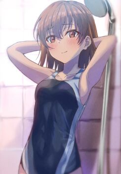 1girl armpits arms_behind_back blush breasts brown_eyes brown_hair closed_mouth commission competition_swimsuit covered_navel halya_meri highres indoors light_smile medium_hair misaka_mikoto one-piece_swimsuit shower_head skeb_commission solo standing swimsuit toaru_majutsu_no_index tokiwadai_school_swimsuit upper_body