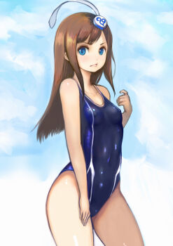 1girl bare_shoulders blue_eyes blue_one-piece_swimsuit blue_sky breasts brown_hair closed_mouth cloud collarbone competition_swimsuit covered_erect_nipples covered_navel cowboy_shot day facing_away hair_ornament hand_on_own_thigh hand_up highres johan_(johan13) long_hair lumia_waber one-piece_swimsuit outdoors phantasy_star phantasy_star_portable_2 sky small_breasts solo straight_hair swimsuit thighs