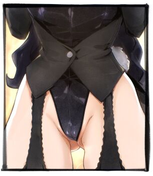 1girl black_hair black_leotard border cameltoe fake_tail garter_straps gluteal_fold highleg highleg_leotard highres izayoi_arisa kitagawa_marin lace_garter_straps leotard long_hair lower_body momdadno playboy_bunny_vest rabbit_tail solo sono_bisque_doll_wa_koi_wo_suru tail thigh_gap thighs very_long_hair white_border