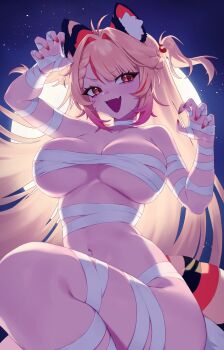 1girl animal_ears arms_up backlighting blonde_hair breasts cat_ears cleavage commentary ebiko_(vtuber) english_commentary fang full_moon highres hip_focus huge_breasts indie_virtual_youtuber large_breasts legs long_hair moon multicolored_hair mummy_costume navel night ohwasuy open_mouth orange_eyes orange_hair short_twintails shrimp_tail skin_fang star_(sky) streaked_hair thighs twintails underboob virtual_youtuber