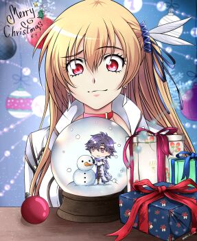 Rule 34 | 1boy, 1girl, alisa reinford, blonde hair, choker, christmas ornaments, christmas present, closed mouth, confused, eiyuu densetsu, feathers, gift, hair ornament, hair ribbon, highres, long hair, merry christmas, rean schwarzer, red choker, red eyes, ribbon, sen no kiseki, sen no kiseki (series), sen no kiseki i, sen no kiseki ii, simple background, snowman, spirit rise, white feathers