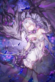 1girl asymmetrical_gloves bare_shoulders black_tiara breasts bug butterfly castorice_(honkai:_star_rail) chinese_commentary commentary_request dragon dress flower flower_ornament gloves hair_flower hair_ornament highres honkai:_star_rail honkai_(series) insect long_hair lying medium_breasts pollux_(honkai:_star_rail) on_back pantyhose pointy_ears purple_butterfly purple_eyes purple_gloves purple_hair seawave02974 tiara uneven_gloves white_dress white_pantyhose