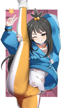 1girl ;p absurdres black_hair blue_hoodie bracelet closed_mouth commentary_request cube_hair_ornament fengqun hair_ornament highres holding_own_leg hood hoodie jewelry leggings lida_(pokemon) long_hair long_sleeves nintendo one_eye_closed pokemon pokemon_legends:_z-a print_shirt purple_background shirt signature smile solo star_(symbol) tongue tongue_out topknot v white_shirt zipper_pull_tab