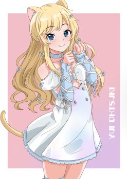 Rule 34 | 1girl, animal ears, blonde hair, blue eyes, blush, border, breasts, cat ears, cat girl, cat tail, character name, choker, dress, gradient background, highres, idolmaster, idolmaster cinderella girls, illustscody, kemonomimi mode, long hair, looking at viewer, ohtsuki yui, paw pose, smile, solo, tail, thigh strap, wavy hair, white border, white choker, white dress