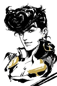Rule 34 | 1boy, anchor symbol, closed mouth, collared jacket, cropped shoulders, diamond wa kudakenai, earrings, higashikata josuke, highres, jacket, jewelry, jojo no kimyou na bouken, looking to the side, male focus, piercing, pompadour, popped collar, santamanymany, short hair, sideways glance, simple background, smile, solo, spot color, stud earrings, thick eyebrows, white background