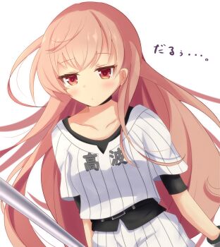 Rule 34 | 1girl, absurdres, baseball bat, baseball uniform, belt, black belt, black choker, black shirt, choker, cinderella series, hachigatsu no cinderella nine, highres, long hair, metal baseball bat, nakajou akina, pink hair, print shirt, red eyes, shirt, shirt under shirt, shorts, solo, sportswear, striped clothes, striped shirt, striped shorts, takki (crucifyex), translation request, very long hair, white background, white shirt