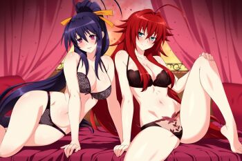 2girls ahoge barefoot bed bed_sheet bedroom black_hair blue_eyes blush bra breasts cleavage curtains curvy demon_girl demoness feet female_focus hair_ribbon high_school_dxd himejima_akeno large_breasts lindaroze lingerie long_hair multiple_girls navel on_bed panties pillow ponytail purple_eyes red_hair rias_gremory ribbon sitting sitting_on_bed smile stomach underwear underwear_only yuri