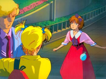 1980s_(style) 1boy 2girls backpack bag blonde_hair dress flower kitazume_hiroyuki multiple_girls necktie oldschool orange_hair retro_artstyle robot_carnival