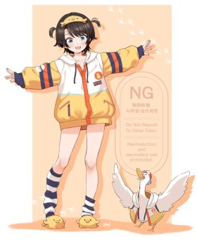 1girl animal animal_hairband animal_slippers asymmetrical_legwear bird black_hair black_jacket black_socks blue_eyes clothed_animal commentary_request drop_shadow duck duck_slippers english_text full_body hairband highres hololive hood jacket kanami_yuu long_sleeves looking_at_viewer multicolored_jacket official_alternate_costume official_alternate_hairstyle oozora_subaru oozora_subaru_(loungewear) open_mouth orange_background outstretched_arms oversized_clothes short_hair slippers smile socks solo spread_arms striped_clothes striped_socks subaru_duck swept_bangs two-tone_background two_side_up uneven_legwear virtual_youtuber watermark white_background white_jacket white_socks yellow_hairband yellow_jacket yellow_slippers
