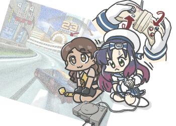 Rule 34 | :<, :3, arrow (symbol), black gloves, black hair, black skirt, blue hairband, blue neckerchief, blue sailor collar, blue skirt, brown eyes, brown hair, brown shirt, collared shirt, commentary request, controller, dark-skinned female, dark skin, ferret-san, game console, game controller, gloves, gradient hair, green eyes, hairband, hat, kantai collection, long hair, looking up, matsuwa (kancolle), military uniform, multicolored hair, namco negcon, neckerchief, playing games, playing video games, playstation 1, pleated skirt, purple hair, ridge racer, sailor collar, sailor hat, school uniform, seiza, serafuku, shirt, short sleeves, sitting, skirt, thonburi (kancolle), white gloves, white hat