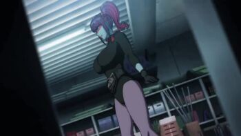1girl animated anime_screenshot ascot belt black_leotard bouncing_breasts breasts closed_mouth cowboy_shot curvy dutch_angle female_focus green_eyes hair_bobbles hair_ornament highres indoors kamen_rider large_breasts leotard lipstick long_sleeves looking_ahead makeup multicolored_hair non-web_source purple_hair red_ascot red_lips ryona serious shaded_face shocker_(kamen_rider) short_hair smile solo stitched tagme third-party_edit toujima_tanzaburou_wa_kamen_rider_ni_naritai twintails two-tone_hair video wide_hips yukarisu