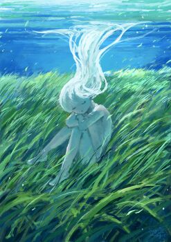 1girl absurdres closed_eyes closed_mouth colored_skin commentary_request dot_mouth full_body grass highres long_hair nude original overlighting signature sitting solo sugita_magari underwater white_hair white_skin