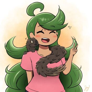 Rule 34 | blush, breasts, closed eyes, dark-skinned female, dark skin, dinojagger12, dinosaur, fur, green hair, long hair, mallow (pokemon), medium breasts, nintendo, pokemon, pokemon sm, short sleeves, teeth, upper teeth only, v, very long hair