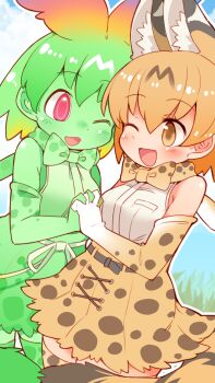 2girls ;d animal_ear_fluff animal_ears bare_shoulders belt black_belt blonde_hair blush bow bowtie cat_ears cat_girl cat_tail cellval colored_skin commentary_request cowboy_shot day elbow_gloves extra_ears gloves gradient_gloves green_hair green_skin highres holding_hands ini_(inunabe00) interlocked_fingers kemono_friends multiple_girls one_eye_closed open_mouth outdoors outline pleated_skirt red_eyes serval_(kemono_friends) shirt short_hair skirt sleeveless sleeveless_shirt smile tail thighhighs white_gloves white_outline white_shirt yellow_bow yellow_bowtie yellow_eyes yellow_gloves yellow_skirt zettai_ryouiki
