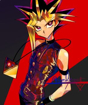 1boy bare_shoulders black_background black_hair black_shirt blonde_hair cowboy_shot kao_(gururincho) male_focus millennium_puzzle multicolored_hair purple_eyes purple_hair red_background shirt solo spiked_hair yami_yugi yu-gi-oh! yu-gi-oh!_duel_monsters