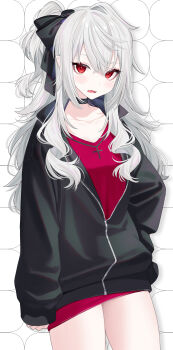 1girl absurdres arm_at_side ayame_(3103942) black_choker black_jacket black_ribbon blush breasts choker cleavage collarbone cowboy_shot cross cross_print drop_shadow fangs genderswap genderswap_(mtf) hair_between_eyes hair_ribbon hand_on_own_hip highres jacket large_breasts long_hair long_sleeves looking_at_viewer mole mole_under_eye nijisanji one_side_up open_mouth partially_unzipped pointy_ears red_eyes red_shirt ribbon sanya_(2nd_costume)_(kuzuha) sanya_(kuzuha) shirt sidelocks skin_fangs sleeves_past_wrists solo standing sweatdrop track_jacket v-neck virtual_youtuber wavy_hair white_background white_hair