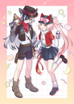 1boy 1girl aged_down bandana belt black_hair black_hat black_jacket black_shoes black_skirt blue_hair blue_shorts boothill_(honkai:_star_rail) border brown_belt brown_hat brown_shoes colored_inner_hair commentary cowboy_hat crescent_moon cropped_jacket energy_gun english_commentary gradient_border green_eyes grey_eyes grid_background grin hair_over_one_eye hat highres holding holding_energy_gun holding_spray_can holding_weapon holster honkai:_star_rail honkai_(series) hood hoodie jacket long_hair long_sleeves looking_at_viewer mechanical_arms moon multicolored_hair mumikansou open_mouth orange_border pink_border pink_hair pleated_skirt ponytail rappa_(honkai:_star_rail) red_bandana red_jacket shirt shoes short_sleeves shorts shorts_under_skirt simple_background skirt smile socks sparkle spray_can standing standing_on_one_leg star_(symbol) streaked_hair thigh_holster very_long_hair weapon white_belt white_hair white_hoodie white_shirt white_socks