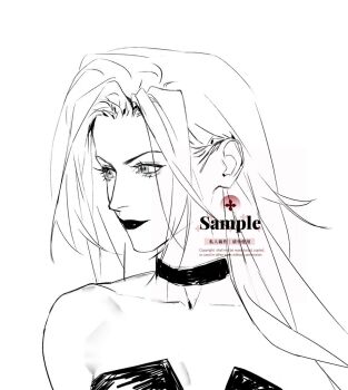 1girl bare_shoulders black_choker black_lips black_shirt breasts choker cleavage collarbone devil_may_cry_(series) devil_may_cry_5 hair_behind_ear light_smile long_hair medium_breasts parted_bangs rotzeichen sample_watermark shirt sketch solo trish_(devil_may_cry) upper_body watermark white_background