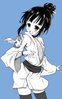 1girl :d absurdres bird blue_background breasts fishnet_top fishnet_top fishnets greyscale hair_bun hair_ornament hair_stick highres japanese_clothes kimono kunoichi_tsubaki_no_mune_no_uchi light_blush mokuren_(kunoichi_tsubaki_no_mune_no_uchi) monochrome ninja open_mouth shiiba_aki sidelocks single_hair_bun small_breasts smile solo standing thighhighs