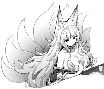 1girl animal_ear_fluff animal_ears azur_lane azur_lane:_slow_ahead blush bowl breasts cleavage collar cup drinking_glass fox_ears fox_girl fox_tail greyscale hair_ornament hori_(hori_no_su) huge_breasts kitsune kyuubi long_hair low_neckline monochrome multiple_tails off_shoulder official_art palms_together shinano_(azur_lane) simple_background solo table tail tumbler_glass very_long_hair white_background