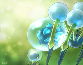 animal_focus araquanid blurry blurry_background bubble bug commentary_request dewpider evolutionary_line gen_7_pokemon hashibi_rokou nintendo no_humans pokemon pokemon_(creature) pokemon_focus signature