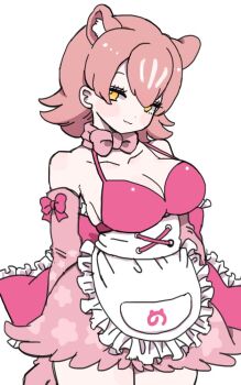 010mzam 1girl animal_ears apron bare_shoulders bow bowtie bra breasts elbow_gloves extra_ears gloves japari_symbol kemono_friends large_breasts looking_at_viewer panther_ears panther_girl peach_panther_(kemono_friends) pink_hair ribbon short_hair simple_background skirt solo underwear yellow_eyes