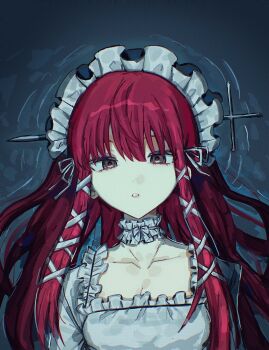 Rule 34 | 1girl, blunt bangs, choker, collarbone, dress, frilled choker, frilled dress, frilled hairband, frills, gothic lolita, hair ornament, hair ribbon, hairband, highres, lolita fashion, long hair, looking at viewer, lying on water, parted lips, persona, persona 3, pink hair, red hair, ribbon, sidelocks, solo, straight-on, upper body, water, white choker, white dress, white hairband, white ribbon, xyurux0, yoshino chidori