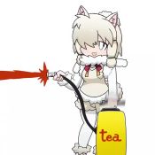 1girl :d alpaca_ears alpaca_suri_(kemono_friends) animal_ear_fluff animal_ears animated bad_id bad_twitter_id chibi commentary epilepsy_warning fire_extinguisher fur_collar fur_trim grey_hair hair_bun hair_over_one_eye hose hose_nozzle kemono_friends looping_animation medium_hair open_mouth pantyhose pump shorts simple_background single_hair_bun smile solo taro_(tontaro) tea video white_background white_pantyhose