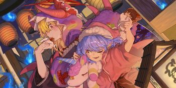 Rule 34 | 2girls, aged up, alternate costume, artist request, blonde hair, blue fire, eating, ex-rumia, fire, game cg, hakurei reimu, hat, highres, hood, hoodie, horned hood, horns, japanese clothes, kajatony, kimono, lantern, long hair, long sleeves, multiple girls, nightcap, official art, one eye closed, paper lantern, pink hat, pointy ears, purple hair, purple hoodie, purple kimono, remilia scarlet, rumia, rumia (youkai of the darkest dusk), stuffed unicorn, third-party source, touhou, touhou lostword, wide sleeves, wings, yellow eyes, yukata, yukkuri shiteitte ne