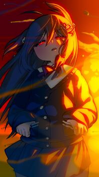 1girl ahoge black_cardigan black_skirt bow bowtie broken_heart broken_heart_hair_ornament brown_hair cardigan collared_shirt commentary commentary_request cowboy_shot debris english_commentary evil_neuro-sama explosion hair_between_eyes hair_ornament hair_ribbon hands_in_pockets heart highres long_hair long_sleeves looking_at_viewer mike_inel neuro-sama off-shoulder_cardigan open_mouth outdoors pleated_skirt red_bow red_bowtie red_eyes ribbon shirt sidelighting skirt skull_hair_ornament solo vedal_ai virtual_youtuber white_shirt