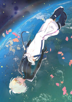 1boy black_shoes chaos_(xenosaga) closed_eyes closed_mouth commentary_request earth_(planet) full_body highres male_focus midair mon_7291 pants planet shoes solo space spoilers white_hair white_pants xenosaga xenosaga_episode_iii