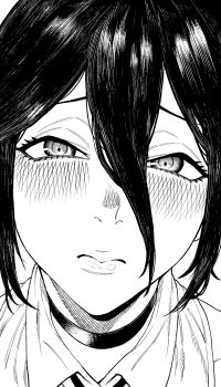 1girl blush chainsaw_man choker hair_between_eyes highres lips looking_at_viewer monochrome portrait reze_(chainsaw_man) shirt short_hair solo websake