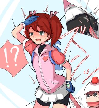 !? 1boy 1girl absurdres ass between_buttocks bike_shorts blush breasts brown_hair club_(weapon) gloves green_eyes hand_on_own_hip highres kanchou legs object_insertion open_mouth pipo_monkey rolling_eyes saru_getchu sayaka_(saru_getchu) sexually_suggestive small_breasts smile sony surprised thighs tongue