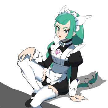 1girl absurdres apron black_romper blunt_bangs bow bowtie braid braided_ponytail commentary_request emikan green_hair highres juliet_sleeves lebanne_(pokemon) long_braid long_hair long_sleeves maid maid_apron maid_headdress nintendo pink_lips pokemon pokemon_legends:_z-a puffy_sleeves romper solo thighhighs tsurime white_bow white_bowtie white_thighhighs