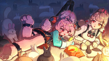 2girls absurdres alice_thymefield animal_ear_hairband animal_ears bright_pupils cat commentary fake_animal_ears furry furry_female hairband heterochromia highres lying multiple_girls on_stomach open_mouth pink_hair rabbit rabbit_ear_hairband rabbit_ears rabbit_girl rabbit_tail red_eyes shirt symbol-only_commentary tail white_pupils white_shirt yahaha zenless_zone_zero zhao_(zenless_zone_zero)