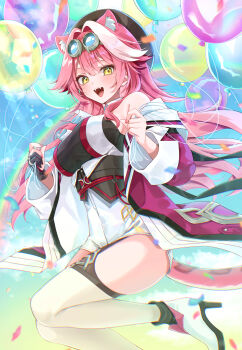 1girl :d absurdres animal_ears ascot balloon black_corset black_gloves black_shirt blue_sky boots breasts center-flap_bangs cloud commentary_request confetti corset day double-parted_bangs extra_ears fangs fold-over_boots gloves goggles goggles_on_head high-waist_shorts high_heel_boots high_heels highres holding holding_balloon hololive hololive_english jacket large_breasts long_hair looking_at_viewer midair mogu_(au1127) multicolored_hair off_shoulder open_mouth outdoors panther_ears panther_girl panther_tail partially_fingerless_gloves pink_hair pink_jacket pink_nails rainbow raora_panthera raora_panthera_(1st_costume) shirt shorts sidelocks single_glove sky sleeve_cuffs smile solo streaked_hair tail teeth thighhighs underbust upper_teeth_only very_long_hair vest virtual_youtuber white_ascot white_hair white_shorts white_thighhighs white_vest yellow_eyes