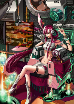 1girl bad_id bad_pixiv_id boots crossed_legs electric_fan female_focus floating_screen headphones high_heels jeya light_smile long_hair midriff navel original pink_eyes pointing ponytail science_fiction screen shoes sitting solo yellow_eyes