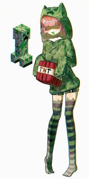 Rule 34 | 1girl, absurdres, animal ear legwear, bob cut, cat ear legwear, cosplay, creeparka, creeper, creeper (cosplay), explosive, full body, green hoodie, green thighhighs, highres, hood, hoodie, looking at viewer, luolimao72605, minecraft, open mouth, personification, pink hair, short hair, simple background, sleeves past fingers, sleeves past wrists, smile, solo, striped clothes, striped thighhighs, thighhighs, tnt, tnt block (minecraft), white background