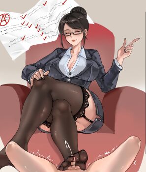 1boy 1girl absurdres academic_test bar_censor black_hair breasts censored cleavage closed_eyes clothed_female_nude_male crossed_legs cum ejaculation feet footjob garter_straps glasses hair_bun hand_on_own_knee highres long_hair looking_at_viewer mature_female mole mole_under_eye nude parted_lips see-through_clothes see-through_legwear sitting soles teacher teacher_and_student thighhighs toes ved