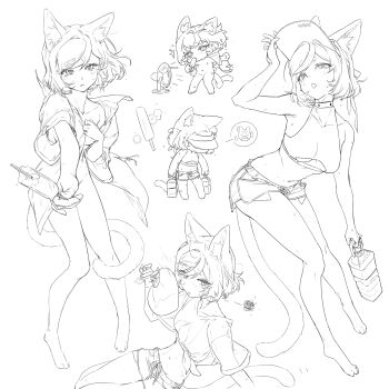 1girl animal_ears bottle bottomless cat_ears cat_girl cat_tail electric_fan food hand_fan lingxia monochrome multiple_views navel nude open_clothes open_shirt original popsicle shorts sketch sleeveless tail tank_top water_bottle