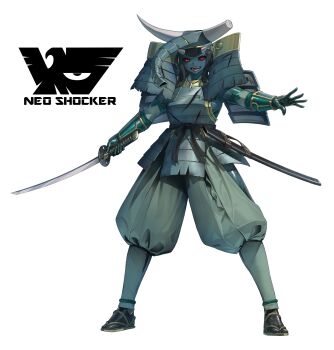1girl armor black_hair black_sash black_sclera blue_skin broken_horn colored_sclera colored_skin commentary dou eidenjyou1997 elephant_girl emblem english_commentary fake_horns full_body genderswap genderswap_(mtf) green_armor green_hakama green_pants hakama hakama_pants helmet highres holding holding_sword holding_weapon horned_helmet horns japanese_armor japanese_clothes jewelry kamen_rider katana long_hair looking_at_viewer miminger monster_girl necklace neo_kamen_rider open_hand open_mouth pants red_eyes samurai sandals sash scabbard sharp_teeth sheath shocker_(kamen_rider) shoulder_armor simple_background sode solo standing sword tabi teeth tooth_necklace unsheathed waist_sash waraji weapon white_background white_horns