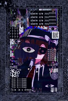 1girl ? abstract abstract_background black_capelet black_eyes black_hat border bow broken_glass broken_screen brown_hair capelet censored censored_identity collared_shirt commentary covered_eyes covered_mouth disembodied_eye dissolving english_text fedora four-pointed_star glass glitch glitch_censor hair_bow hat hat_bow help_(phrase) highres medium_hair melting moon necktie neptune_(planet) qr_code red_bow red_necktie saturn_(planet) shirt sleepwalk_zzz solo star_(symbol) touhou twitter_username upper_body usami_renko weirdcore white_shirt x_(symbol)
