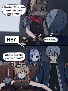 1boy 2girls absurdres anger_vein black_dress black_gloves blue_hair breasts brown_hair china_dress chinese_clothes clothing_cutout commentary dorahdew dress english_commentary eyewear_on_head fingerless_gloves gloves green_eyes grey_hair hands_on_another's_shoulders highres indoors large_breasts motion_lines movie_theater multicolored_hair multiple_girls pointy_ears purple_eyes red_eyes sitting streaked_hair sweety_(zenless_zone_zero) tinted_eyewear two-tone_hair underboob_cutout vivian_banshee white_hair wise_(zenless_zone_zero) yellow-tinted_eyewear zenless_zone_zero