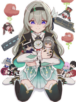1girl black_hair brown_hair chibi firefly_(honkai:_star_rail) goggles grey_hair grin highres honkai:_star_rail honkai_(series) hugging_object looking_down pink_hair rabbit red_hair sitting smile solo stuffed_toy teeth toki78288809 train wariza