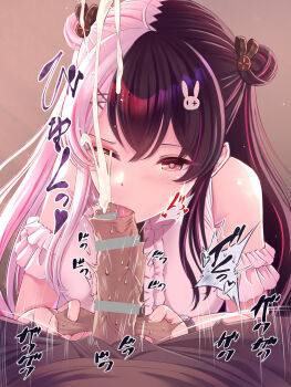 1boy 1girl ball_busting bdsm black_hair cbt cum cum_on_body erection facial fellatio foreskin hair_ornament highres koromia multicolored_hair nijisanji oral phimosis pink_hair rabbit_hair_ornament testicle_grab testicles virtual_youtuber yorumi_rena