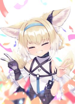 1girl absurdres animal_ears arknights black_gloves blonde_hair closed_eyes confetti double_v facing_viewer fox_ears fox_tail gloves grin hairband highres infection_monitor_(arknights) single_glove smile solo suzuran_(arknights) tail v varech_(konbu_ff14)