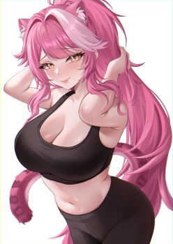 1girl animal_ear_fluff animal_ears black_pantyhose black_sports_bra breasts cleavage cowboy_shot high_ponytail highres hololive hololive_english large_breasts long_hair navel panther_ears panther_girl panther_tail pantyhose ponytail raora_panthera simple_background solo sports_bra tail velvet_noir virtual_youtuber